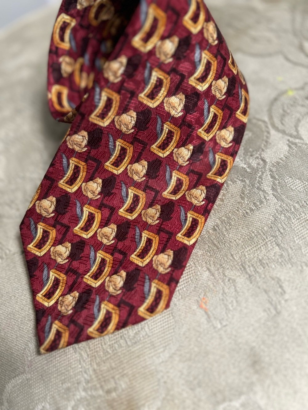 Ermenegildo Zegna Burgundy Silk Tie with Gold and Tan Motif